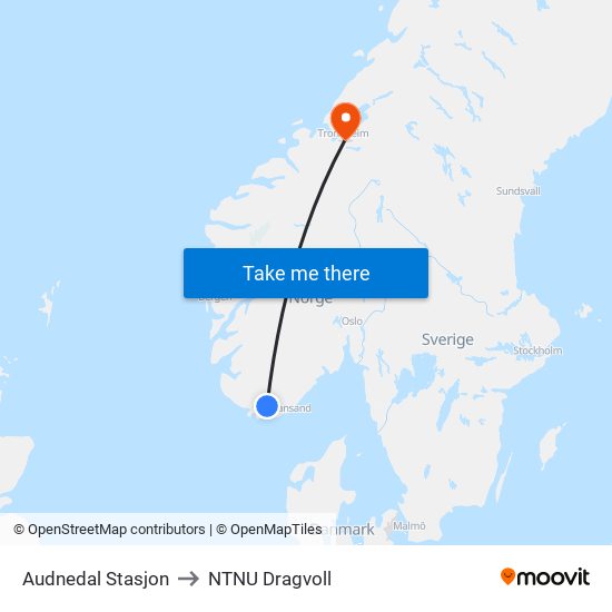 Audnedal Stasjon to NTNU Dragvoll map