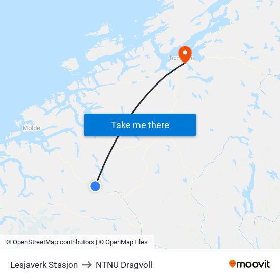 Lesjaverk Stasjon to NTNU Dragvoll map