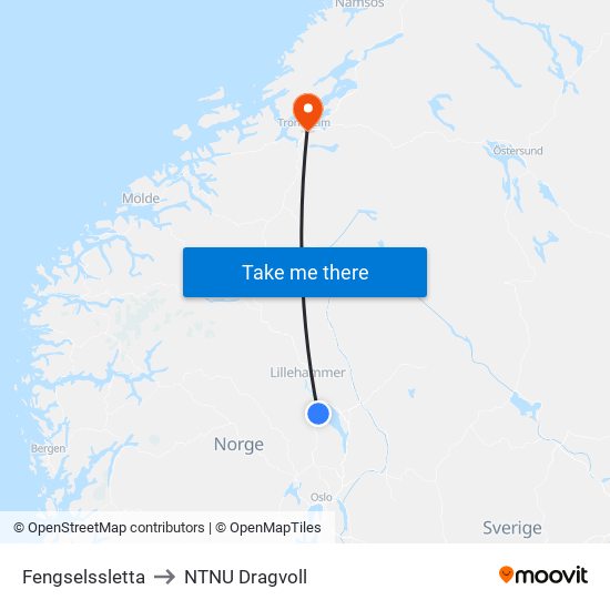 Fengselssletta to NTNU Dragvoll map