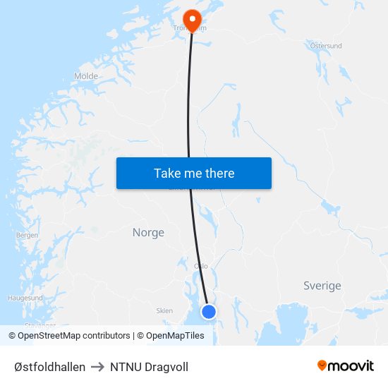 Østfoldhallen to NTNU Dragvoll map