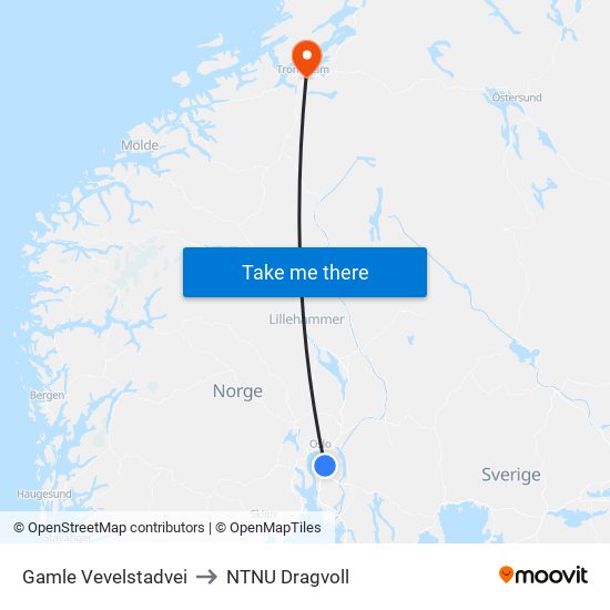 Gamle Vevelstadvei to NTNU Dragvoll map