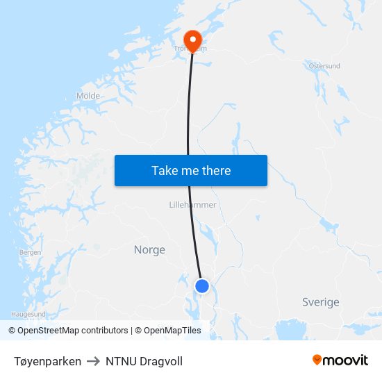 Tøyenparken to NTNU Dragvoll map