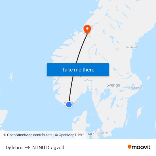 Dølebru to NTNU Dragvoll map