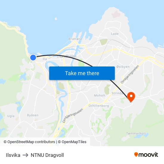 Ilsvika to NTNU Dragvoll map