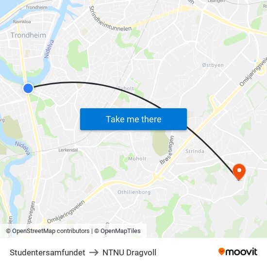 Studentersamfundet to NTNU Dragvoll map