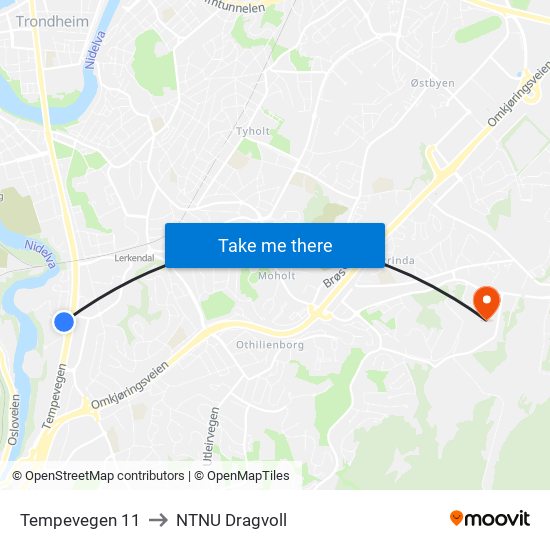 Tempevegen 11 to NTNU Dragvoll map