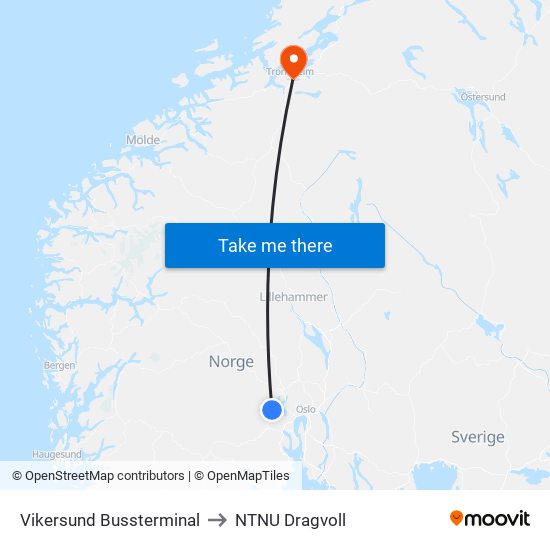 Vikersund Bussterminal to NTNU Dragvoll map