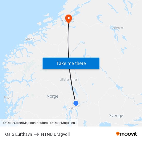 Oslo Lufthavn to NTNU Dragvoll map