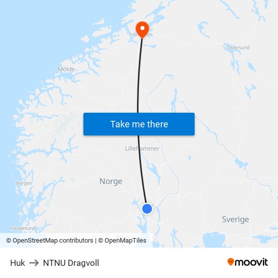 Huk to NTNU Dragvoll map