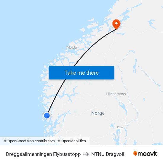 Dreggsallmenningen Flybusstopp to NTNU Dragvoll map