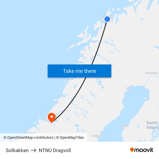 Solbakken to NTNU Dragvoll map