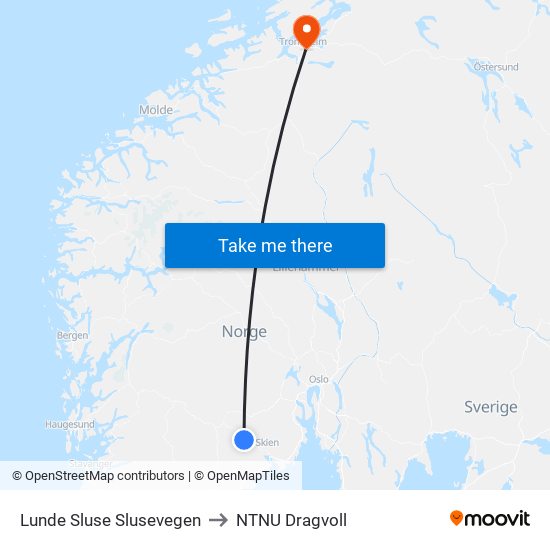 Lunde Sluse Slusevegen to NTNU Dragvoll map