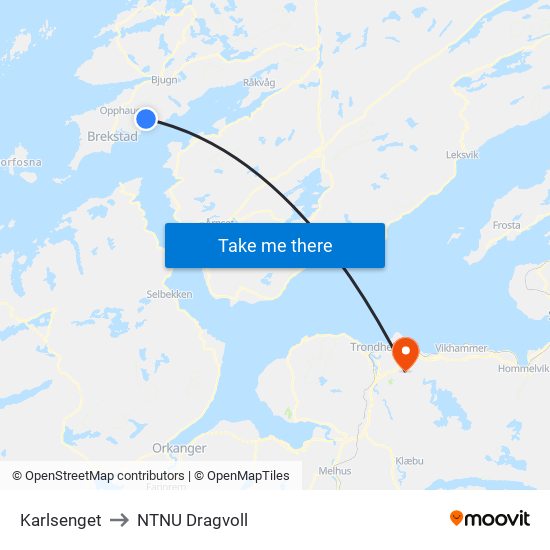 Karlsenget to NTNU Dragvoll map