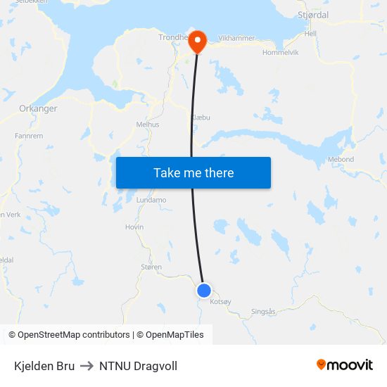 Kjelden Bru to NTNU Dragvoll map