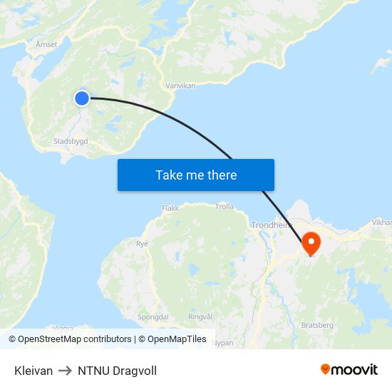 Kleivan to NTNU Dragvoll map