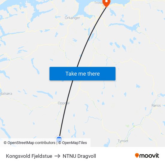 Kongsvold Fjeldstue to NTNU Dragvoll map