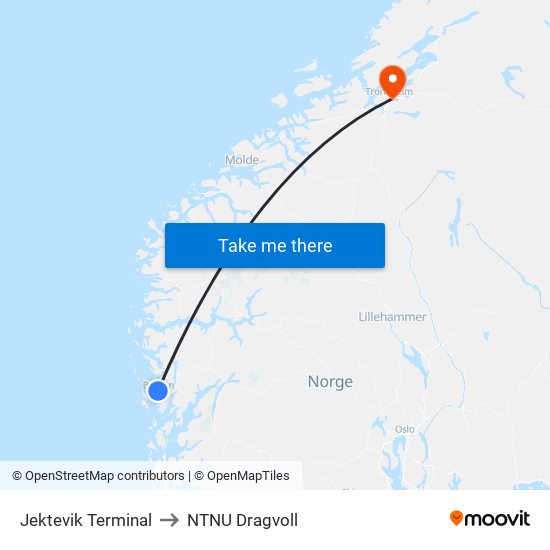 Jektevik Terminal to NTNU Dragvoll map