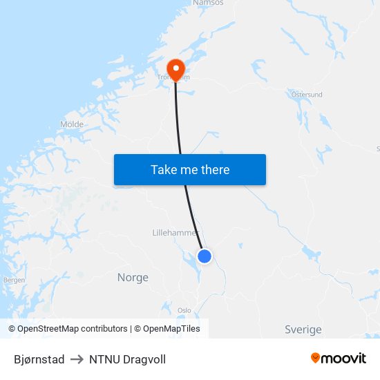 Bjørnstad to NTNU Dragvoll map