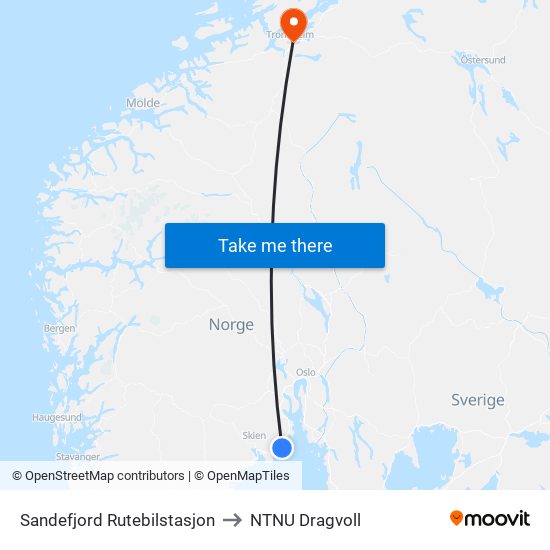 Sandefjord Rutebilstasjon to NTNU Dragvoll map