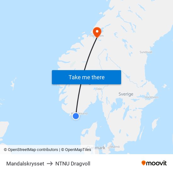 Mandalskrysset to NTNU Dragvoll map