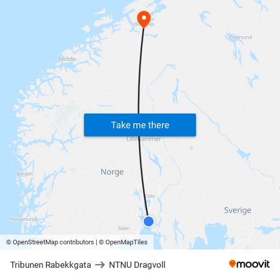 Tribunen Rabekkgata to NTNU Dragvoll map