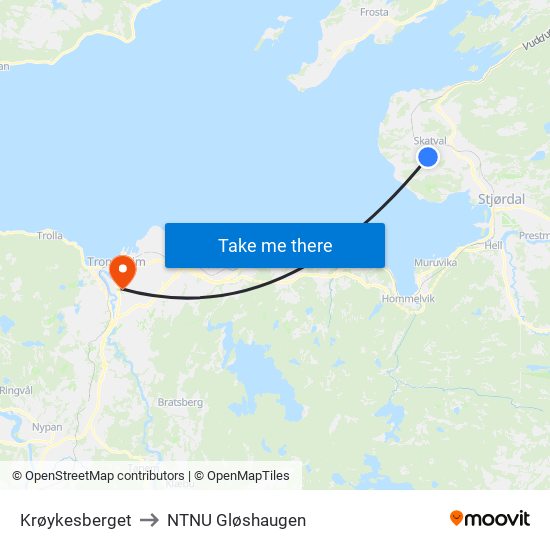 Krøykesberget to NTNU Gløshaugen map