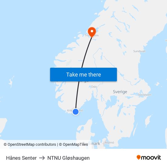 Hånes Senter to NTNU Gløshaugen map