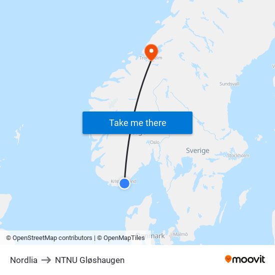 Nordlia to NTNU Gløshaugen map