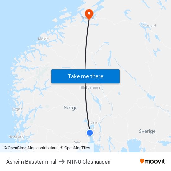 Åsheim Bussterminal to NTNU Gløshaugen map