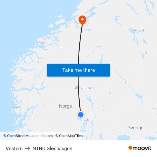 Vestern to NTNU Gløshaugen map