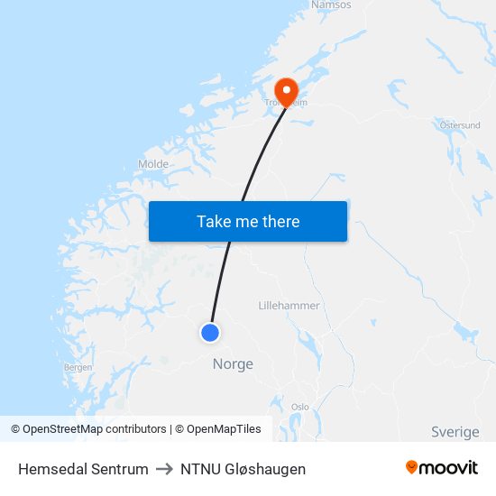 Hemsedal Sentrum to NTNU Gløshaugen map