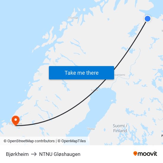 Bjørkheim to NTNU Gløshaugen map