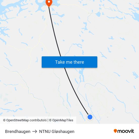 Brendhaugen to NTNU Gløshaugen map