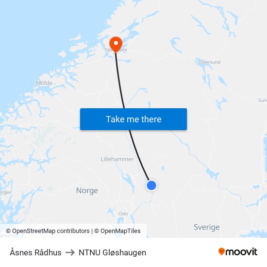 Åsnes Rådhus to NTNU Gløshaugen map