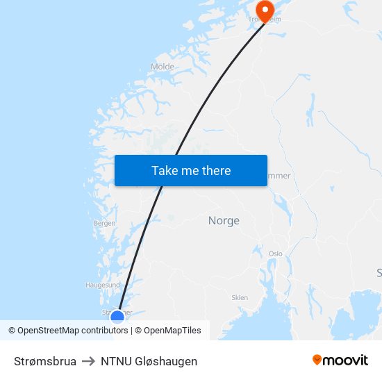 Strømsbrua to NTNU Gløshaugen map