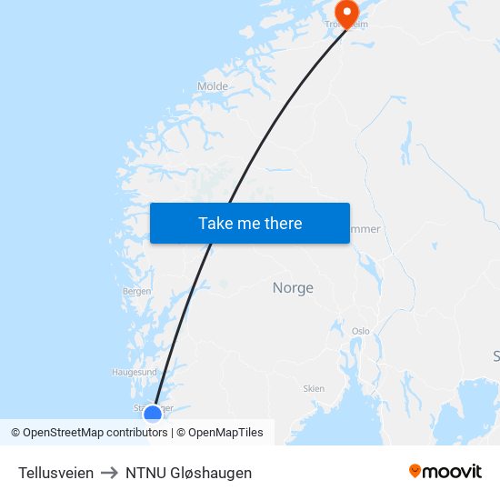 Tellusveien to NTNU Gløshaugen map