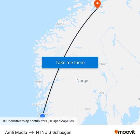 Amfi Madla to NTNU Gløshaugen map