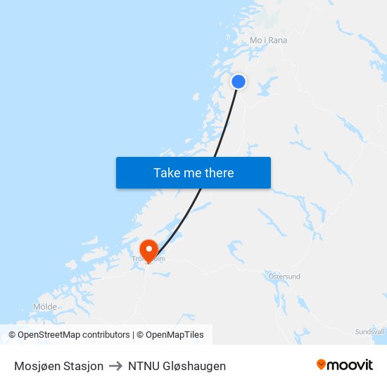 Mosjøen Stasjon to NTNU Gløshaugen map