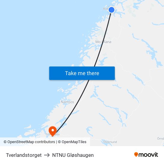 Tverlandstorget to NTNU Gløshaugen map