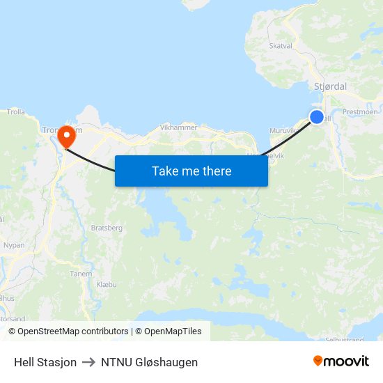 Hell Stasjon to NTNU Gløshaugen map