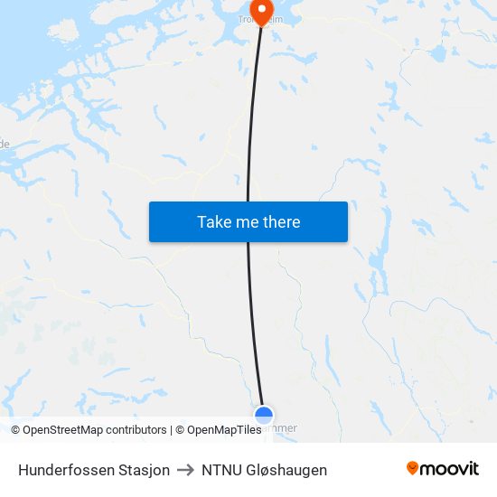 Hunderfossen Stasjon to NTNU Gløshaugen map