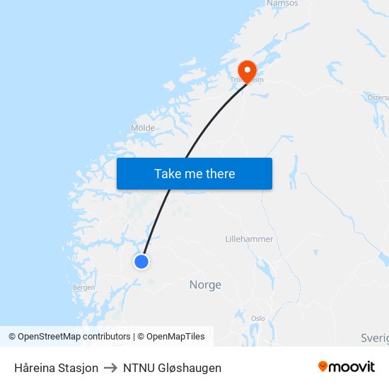 Håreina Stasjon to NTNU Gløshaugen map