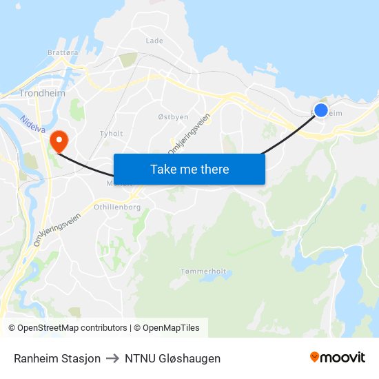 Ranheim Stasjon to NTNU Gløshaugen map