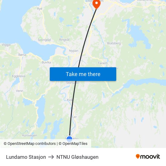 Lundamo Stasjon to NTNU Gløshaugen map