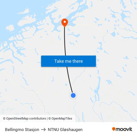 Bellingmo Stasjon to NTNU Gløshaugen map