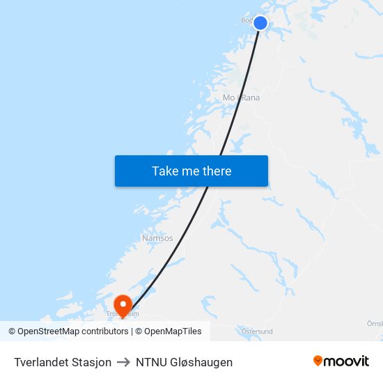 Tverlandet Stasjon to NTNU Gløshaugen map