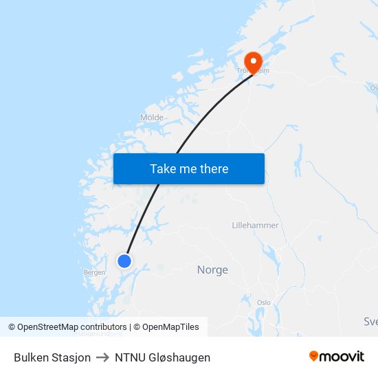 Bulken Stasjon to NTNU Gløshaugen map