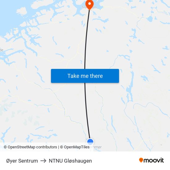 Øyer Sentrum to NTNU Gløshaugen map