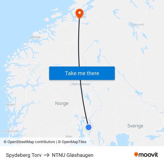 Spydeberg Torv to NTNU Gløshaugen map