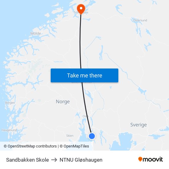 Sandbakken Skole to NTNU Gløshaugen map